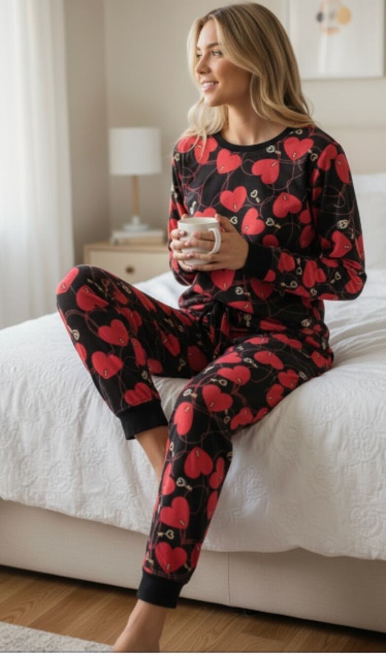 Love To Sleep Velour Black with Printed Hearts Sleepwear size Medium